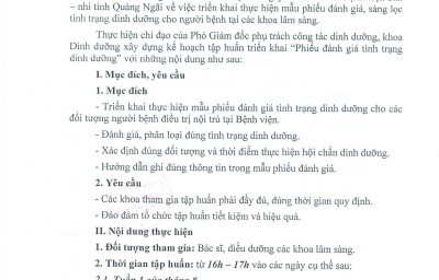 Kế hoạch số 31/KH-BVSN v/v Tập huấn triển khai " Phiếu đánh giá tình trạng dinh dưỡng "